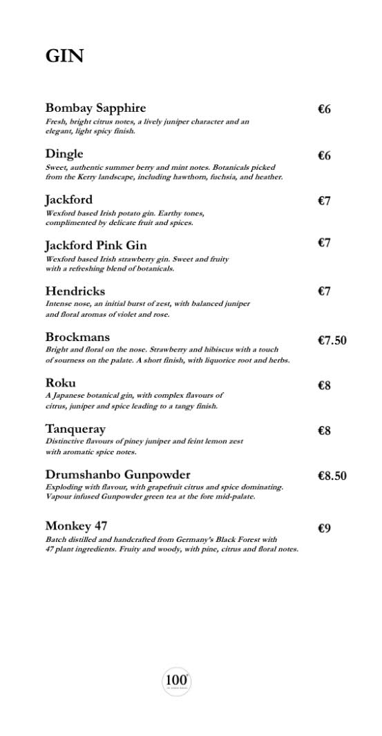 one hundred degrees gin menu