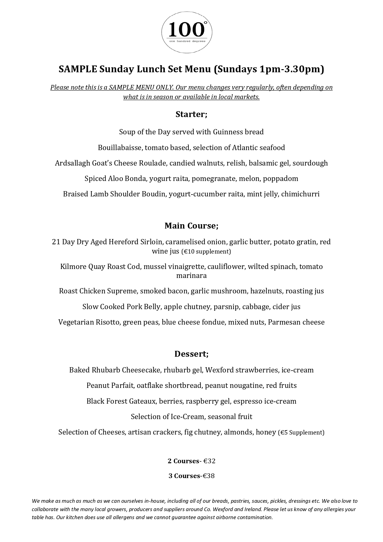 100 degrees sunday lunch menu